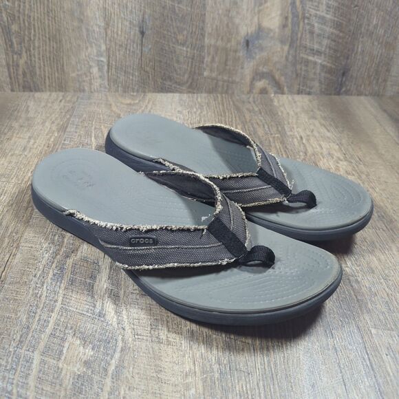 Crocs Men's Size 12 Santa Cruz Canvas Flip Flop Thong Slip On Sandals Black - Picture 1 of 13